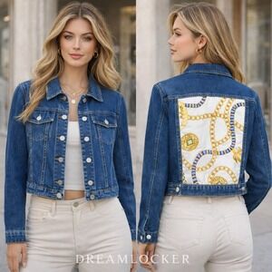 BRIT NY Womens Cropped Denim Jacket Scarf Silk Chain Blue Medium NEW